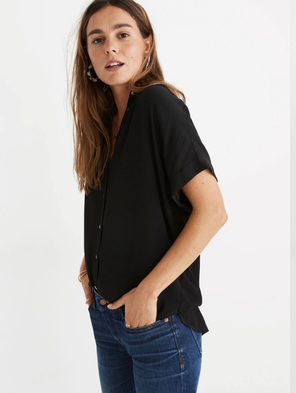 Madewell Black Short-Sleeve Button-Up Blouse